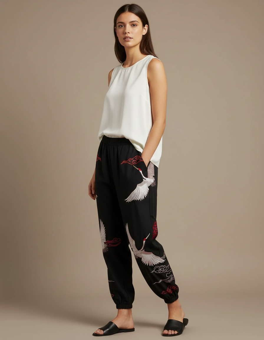 Pantalon Chinois Femme Noir Ample Satin - Viscose