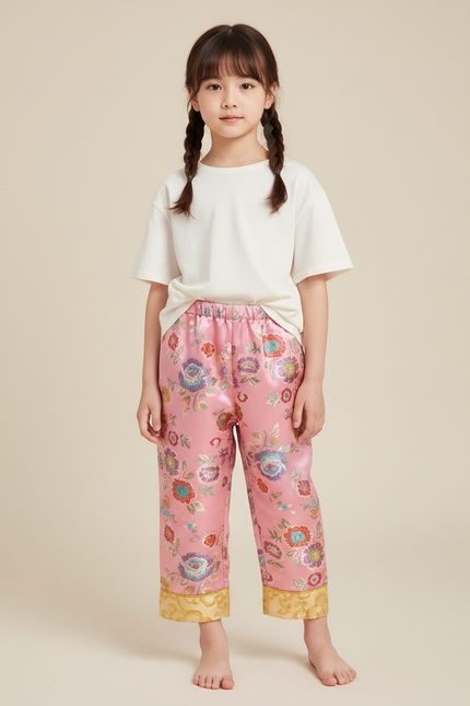 Pantalon Chinois Rose Satiné Fleuri Ample Traditionnel