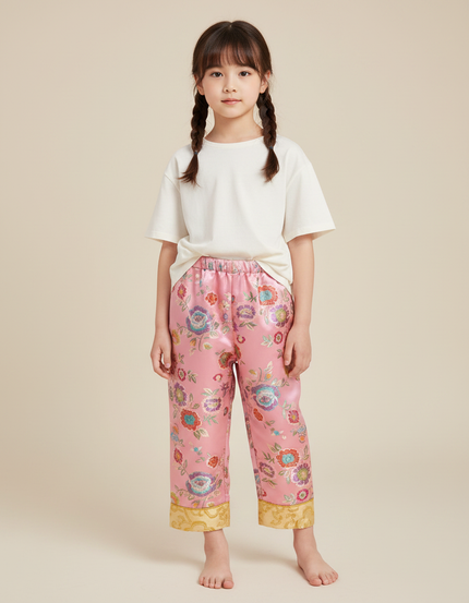 Pantalon Chinois Rose Satiné Fleuri Ample Traditionnel