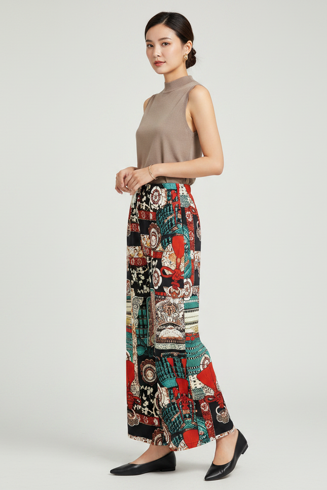Pantalon Chinois Imprimé Multicolore Ample Fluide Décontracté Élégant - Viscose