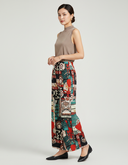 Pantalon Chinois Imprimé Multicolore Ample Fluide Décontracté Élégant - Viscose
