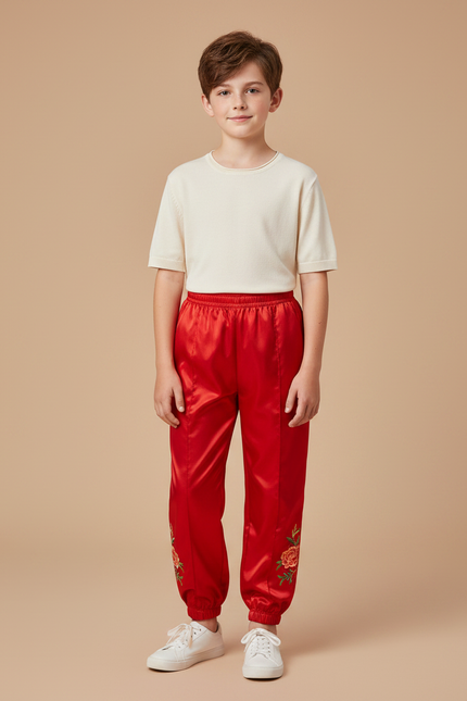Pantalon Chinois Rouge Satiné Brodé Fleurs Enfant