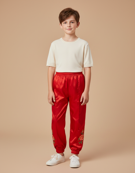 Pantalon Chinois Rouge Satiné Brodé Fleurs Enfant