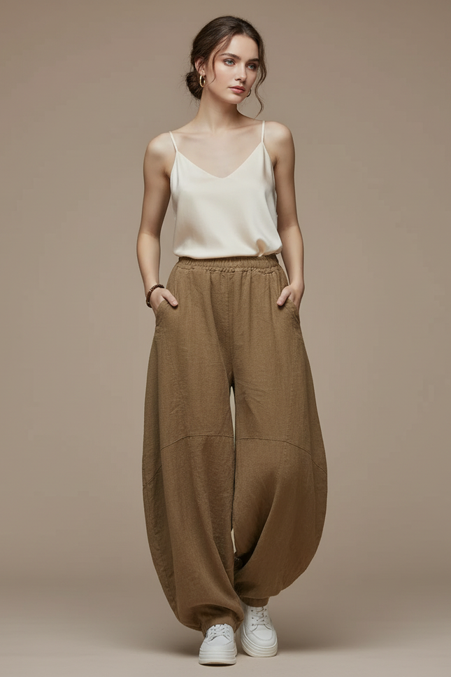 Pantalon Chinois Marron Ample Lin Sarouel Confortable