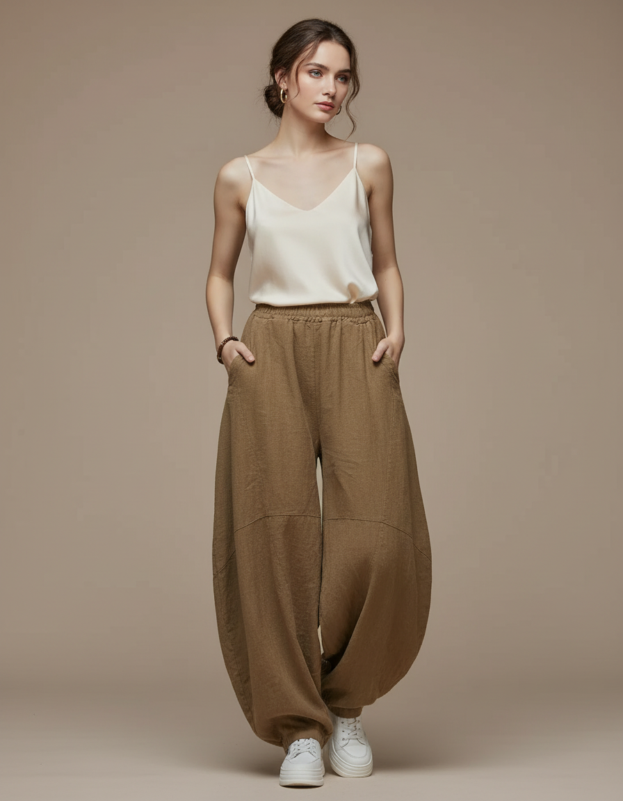 Pantalon Chinois Marron Ample Lin Sarouel Confortable