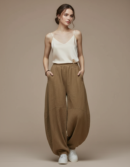Pantalon Chinois Marron Ample Lin Sarouel Confortable
