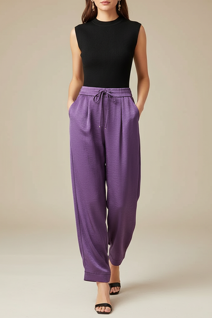 Pantalon Chinois Satin Violet Fluide Ample Femme