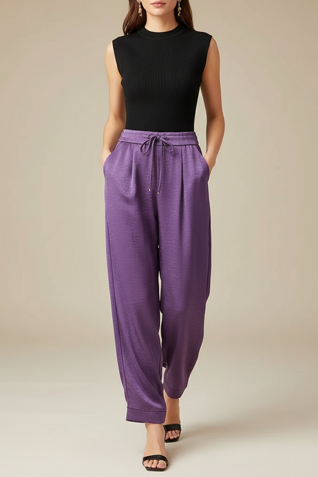 Pantalon Chinois Satin Violet Fluide Ample Femme