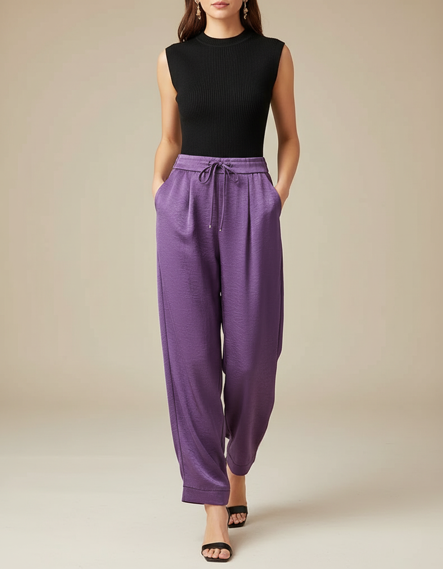 Pantalon Chinois Satin Violet Fluide Ample Femme