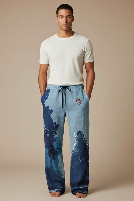 Pantalon Chinois Bleu Godzilla Ample Cordon Décontracté - Jean