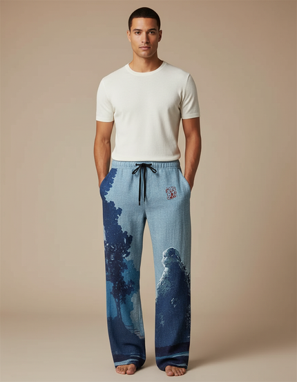 Pantalon Chinois Bleu Godzilla Ample Cordon Décontracté - Jean