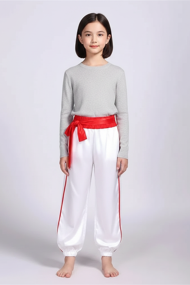 Pantalon Chinois Blanc Satiné Ample Enfant Rayures Rouges