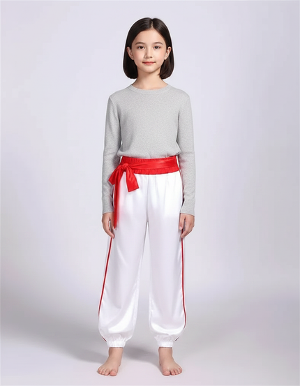 Pantalon Chinois Blanc Satiné Ample Enfant Rayures Rouges
