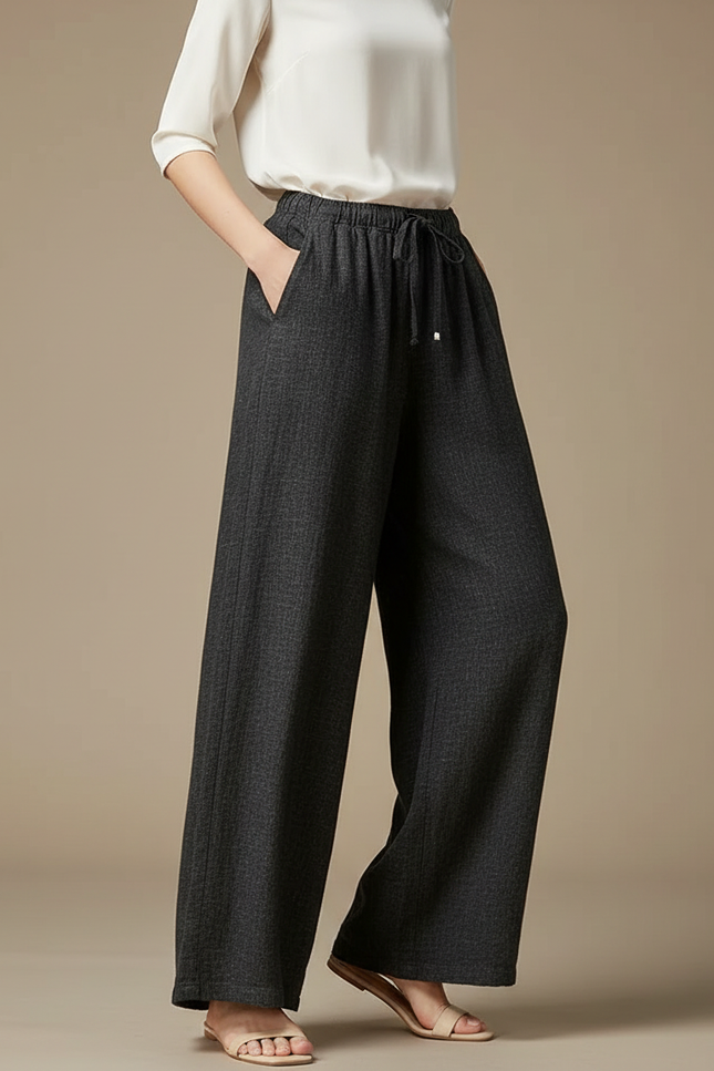 Pantalon Chinois Gris Ample Cordon Lin Fluide