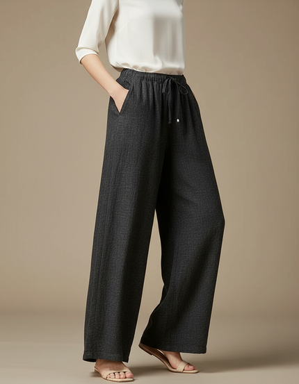Pantalon Chinois Gris Ample Cordon Lin Fluide