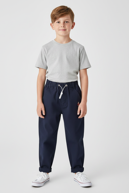 Pantalon Chinois Bleu Marine Coton Enfant Brodé Décontracté