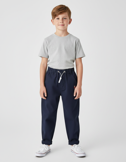 Pantalon Chinois Bleu Marine Coton Enfant Brodé Décontracté