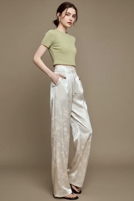 Pantalon Chinois Satin Jacquard Écru Ample Fluide Élégant - Beige