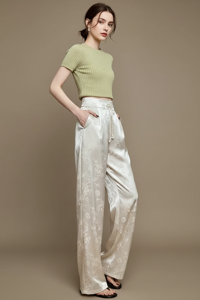 Pantalon Chinois Satin Jacquard Écru Ample Fluide Élégant - Beige