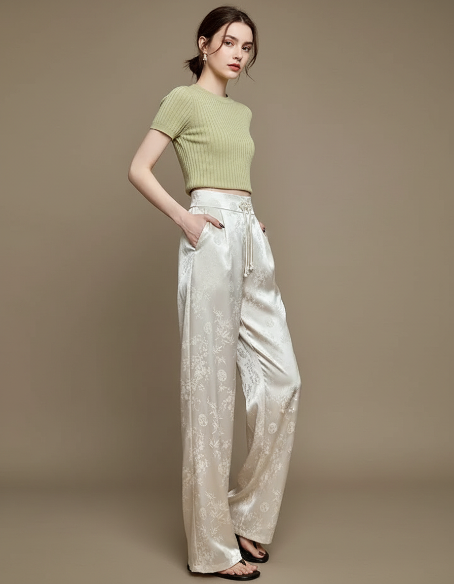 Pantalon Chinois Satin Jacquard Écru Ample Fluide Élégant - Beige