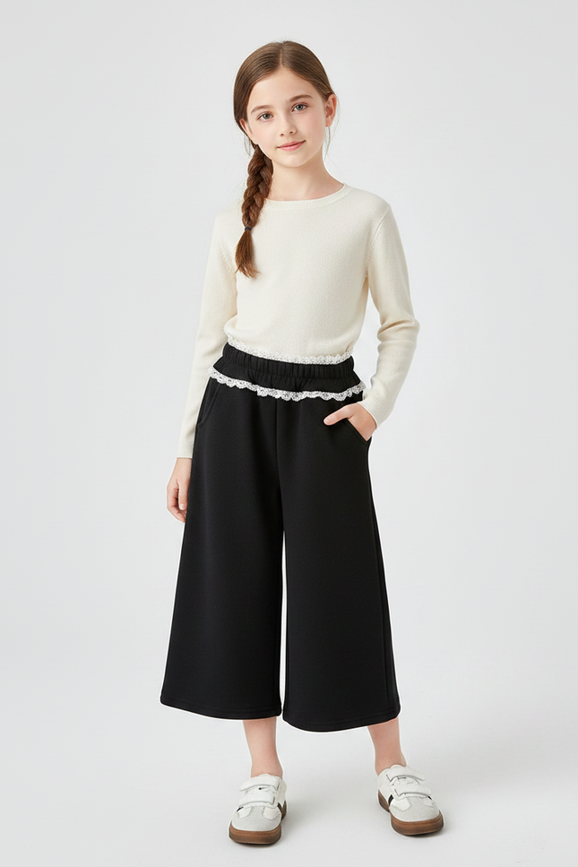 Pantalon Chinois Noir Ample Dentelle Enfant Fille - Molleton