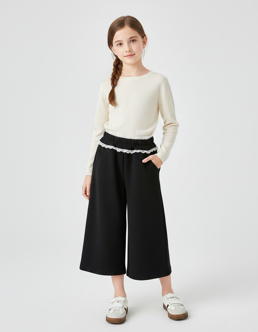 Pantalon Chinois Noir Ample Dentelle Enfant Fille - Molleton