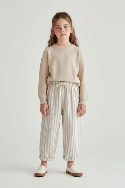 Pantalon Chinois Rayé Beige Coton Ample Enfant