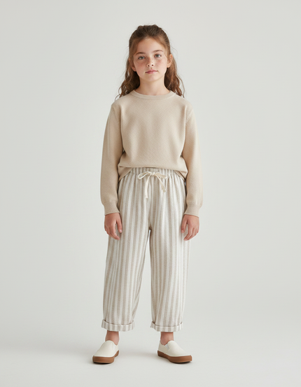 Pantalon Chinois Rayé Beige Coton Ample Enfant