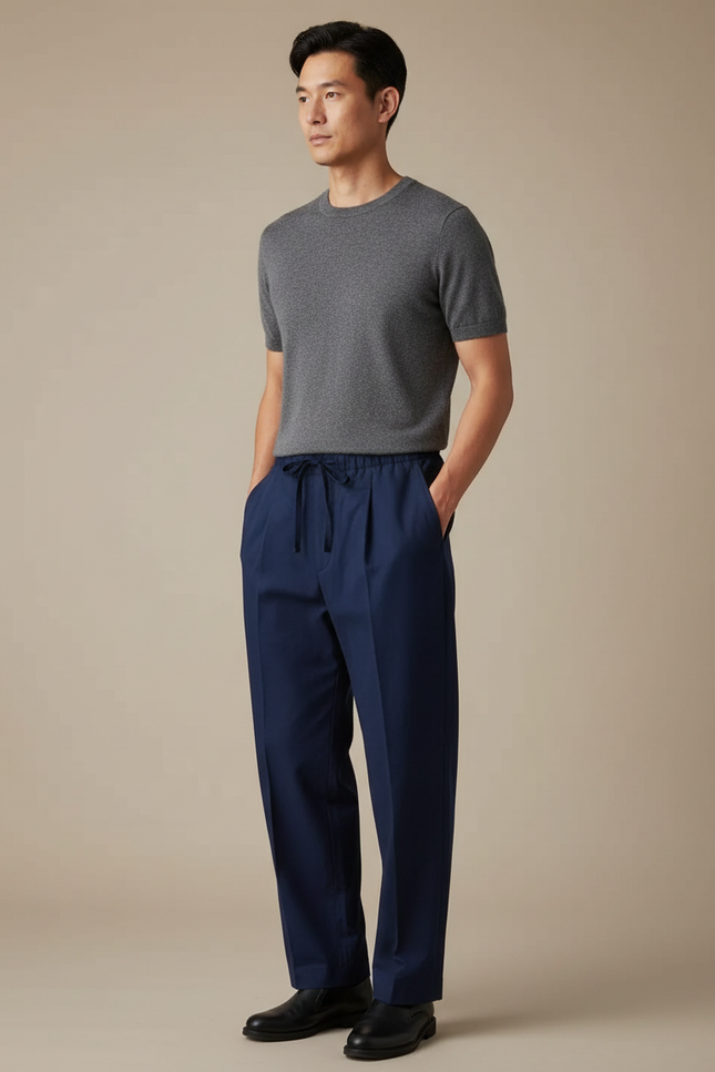 Pantalon Chinois Bleu Marine Coton Ample Cordon Homme