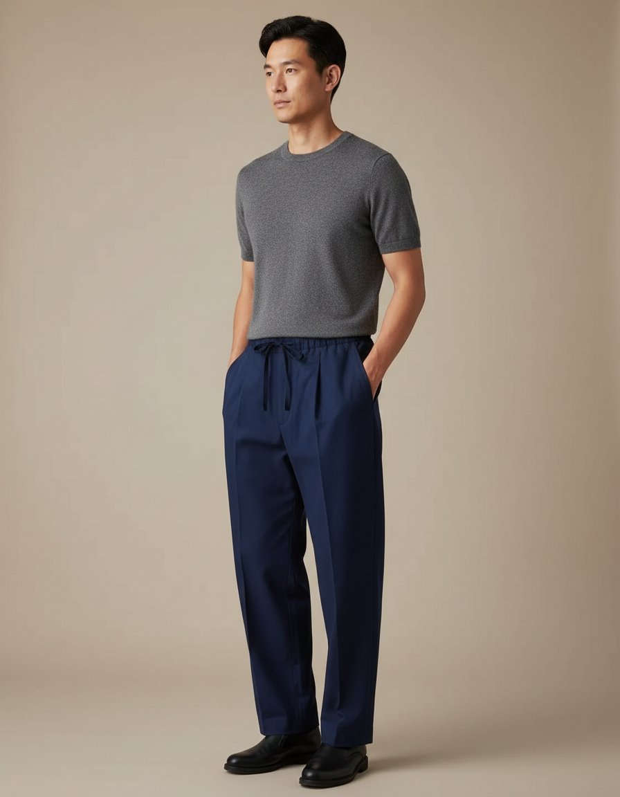 Pantalon Chinois Bleu Marine Coton Ample Cordon Homme