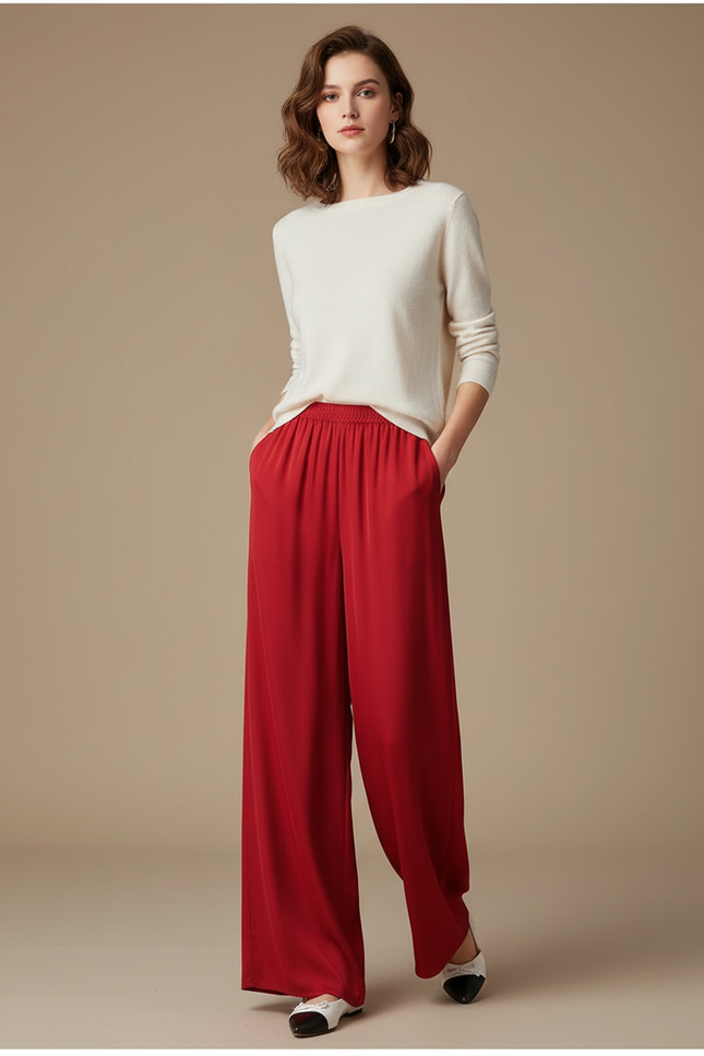 Pantalon Chinois Rouge Soie Ample Fluide Femme