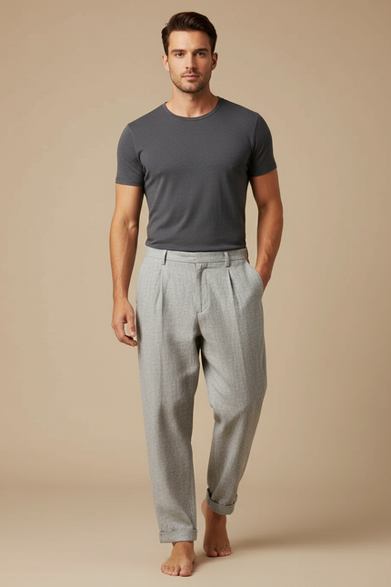 Pantalon Chinois Gris Clair Plissé Décontracté Homme - Tweed