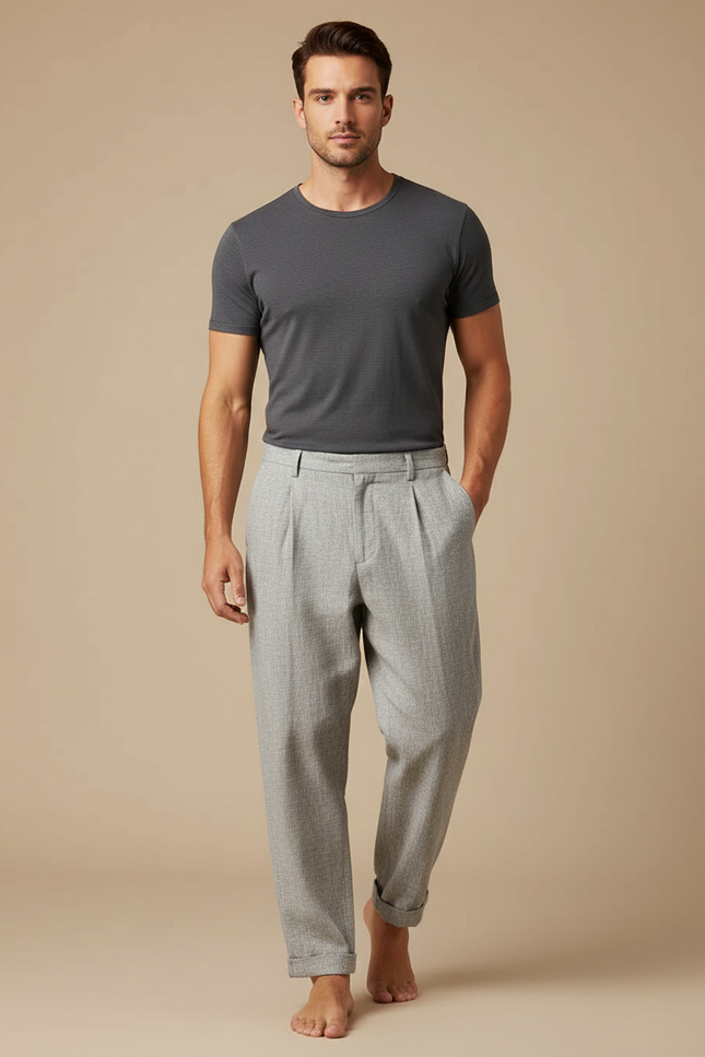 Pantalon Chinois Gris Clair Plissé Décontracté Homme - Tweed