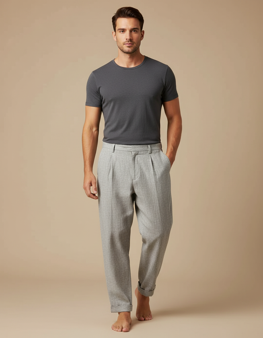 Pantalon Chinois Gris Clair Plissé Décontracté Homme - Tweed