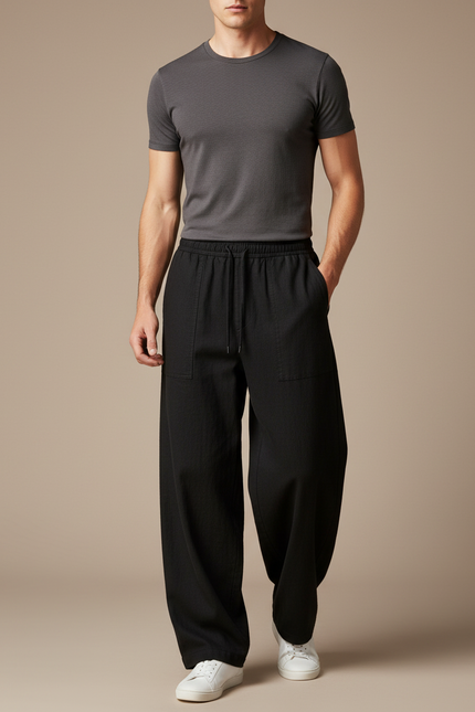 Pantalon Chinois Noir Ample Lin Homme Décontracté