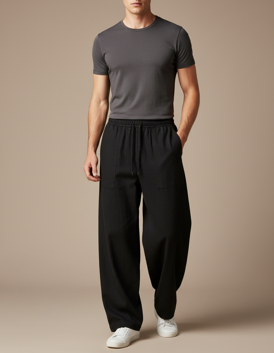 Pantalon Chinois Noir Ample Lin Homme Décontracté