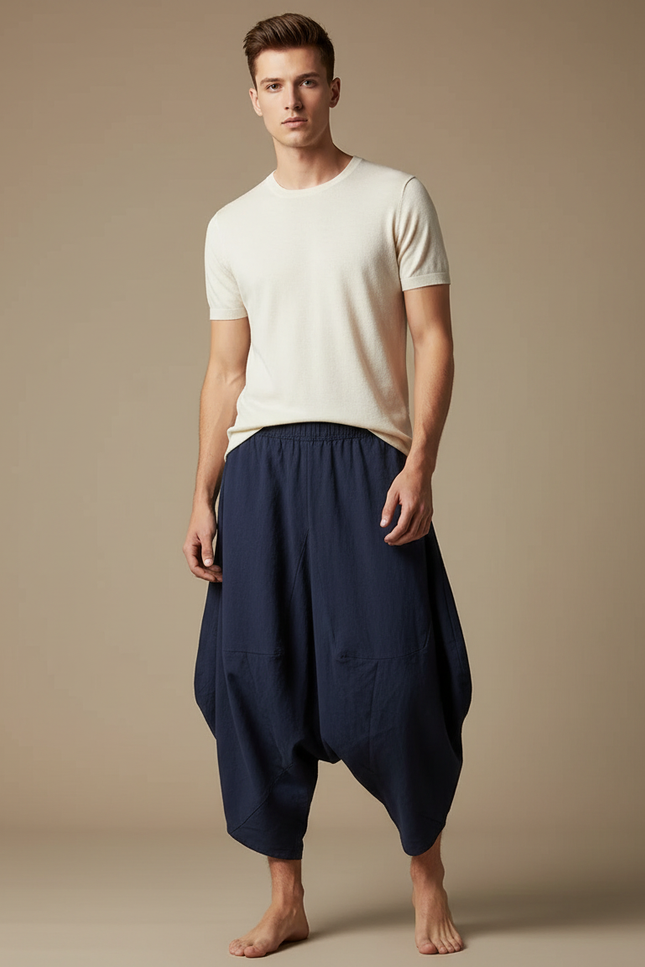 Pantalon Chinois Bleu Ample Coton Décontracté Homme - Marine