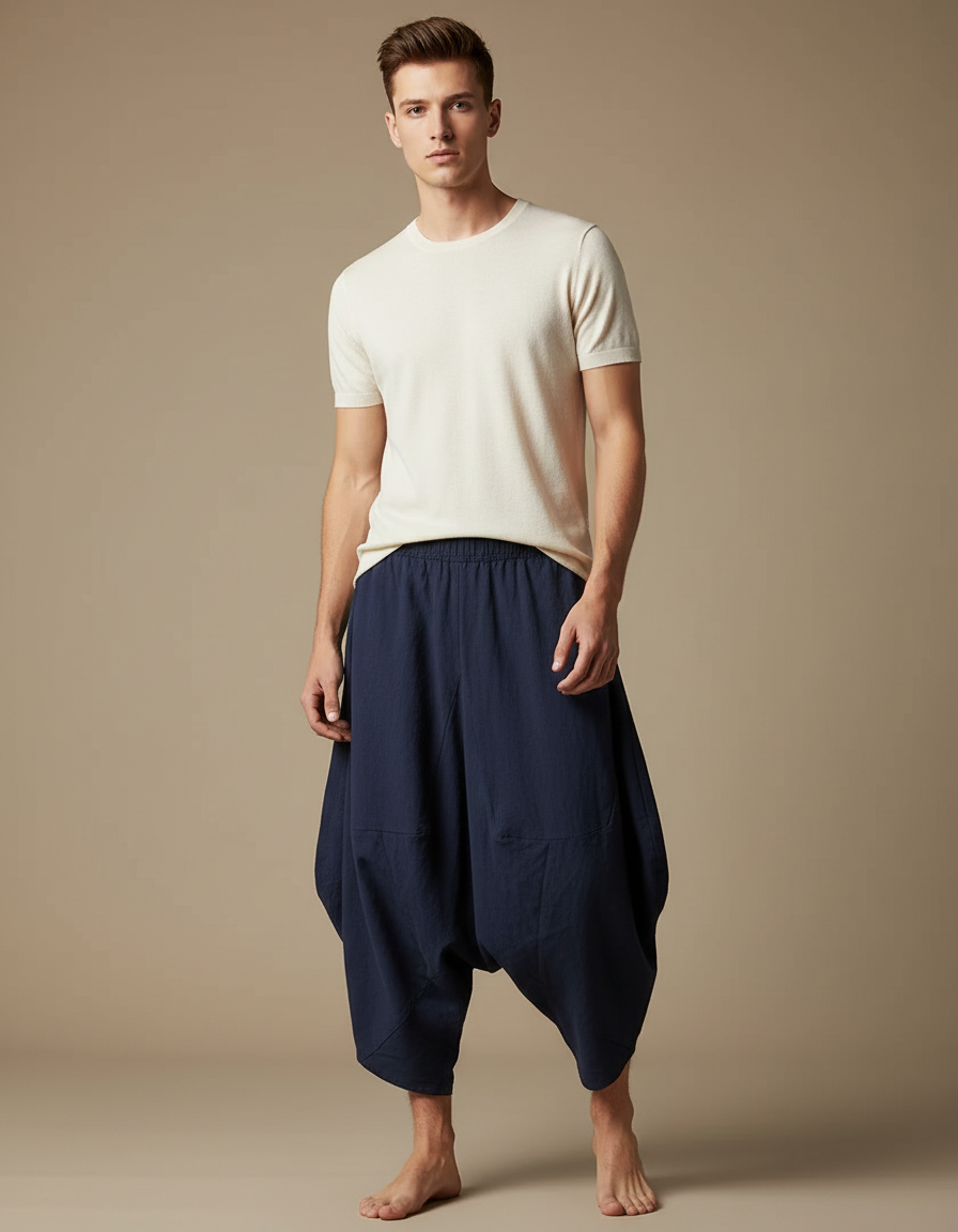 Pantalon Chinois Bleu Ample Coton Décontracté Homme - Marine
