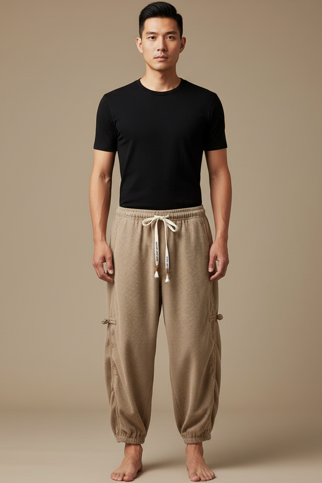 Pantalon Chinois Cargo Beige Côtelé Ample Décontracté Homme - Maille