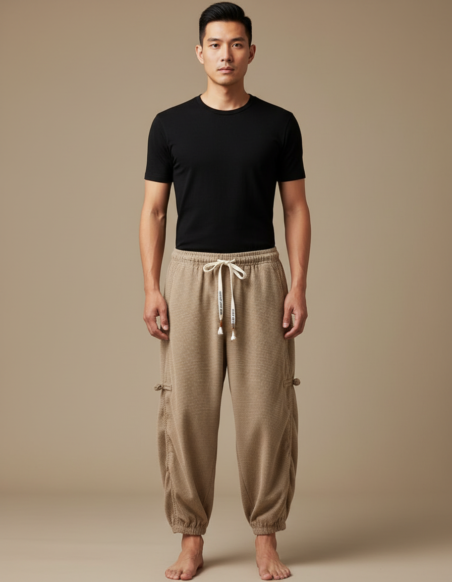 Pantalon Chinois Cargo Beige Côtelé Ample Décontracté Homme - Maille