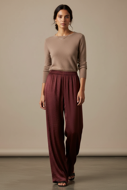 Pantalon Chinois Satin Marron Ample Fluide Élégant - Bordeaux