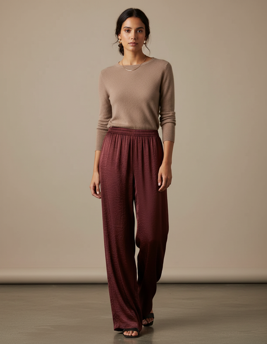 Pantalon Chinois Satin Marron Ample Fluide Élégant - Bordeaux