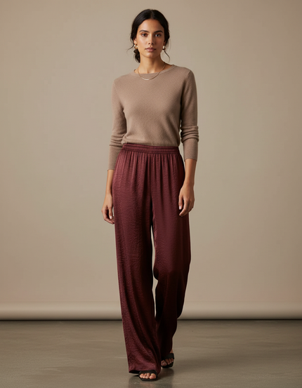 Pantalon Chinois Satin Marron Ample Fluide Élégant - Bordeaux