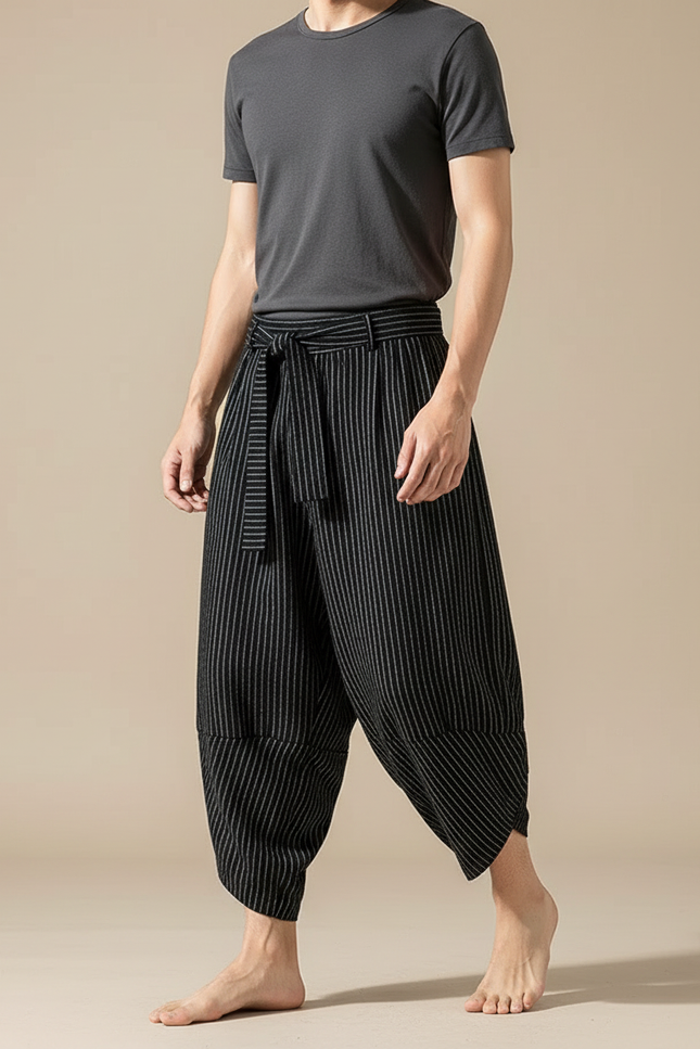 Pantalon Chinois Noir Rayé Ample Coton Lin