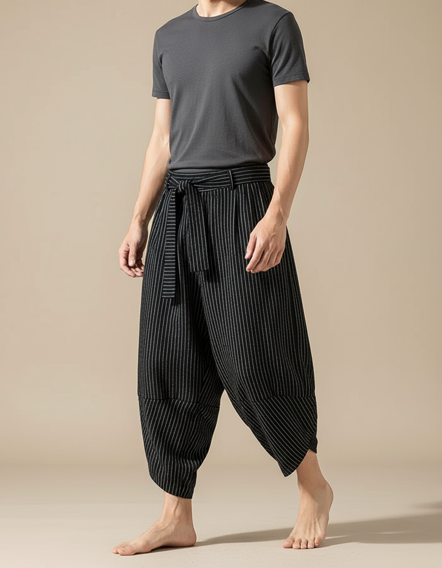 Pantalon Chinois Noir Rayé Ample Coton Lin