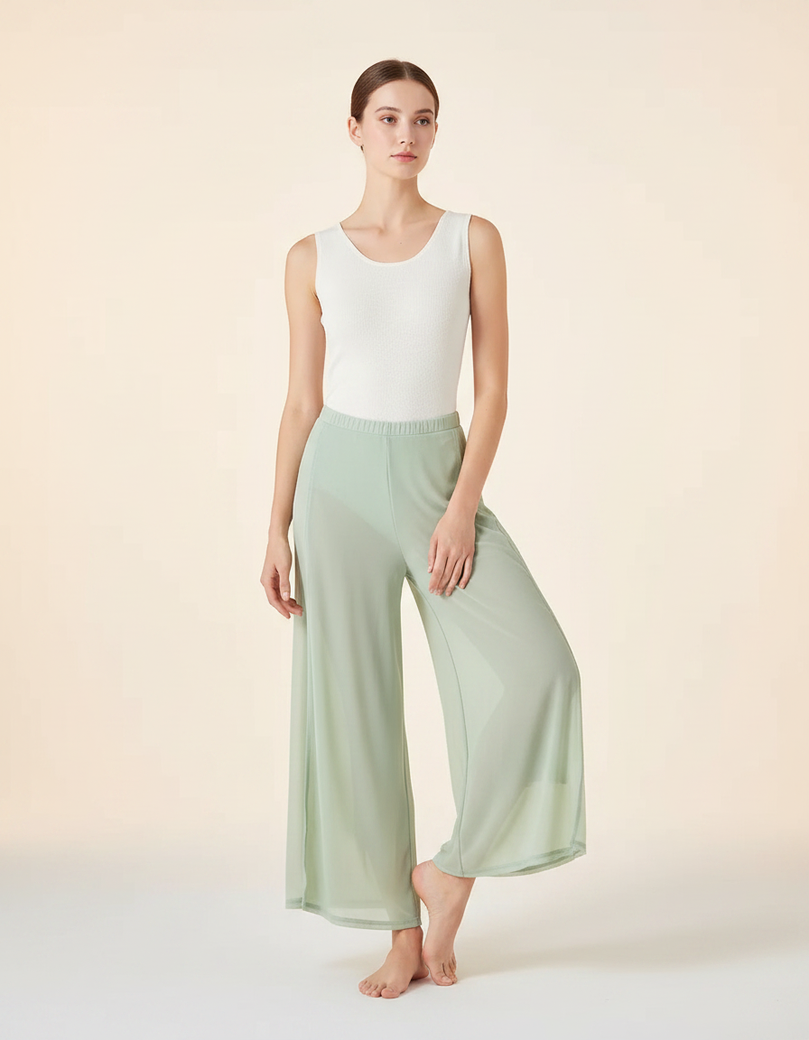 Pantalon Chinois Vert Clair Fluide Ample Élégant Femme - Polyester