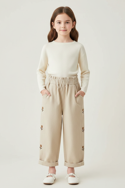 Pantalon Chinois Beige Brodé Fleurs Coton Enfant