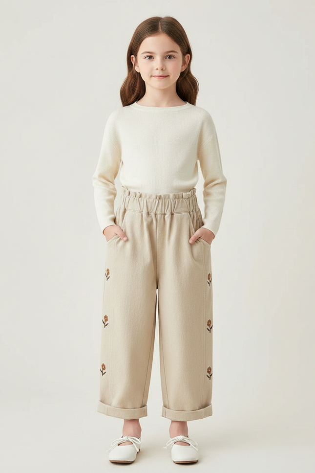 Pantalon Chinois Beige Brodé Fleurs Coton Enfant