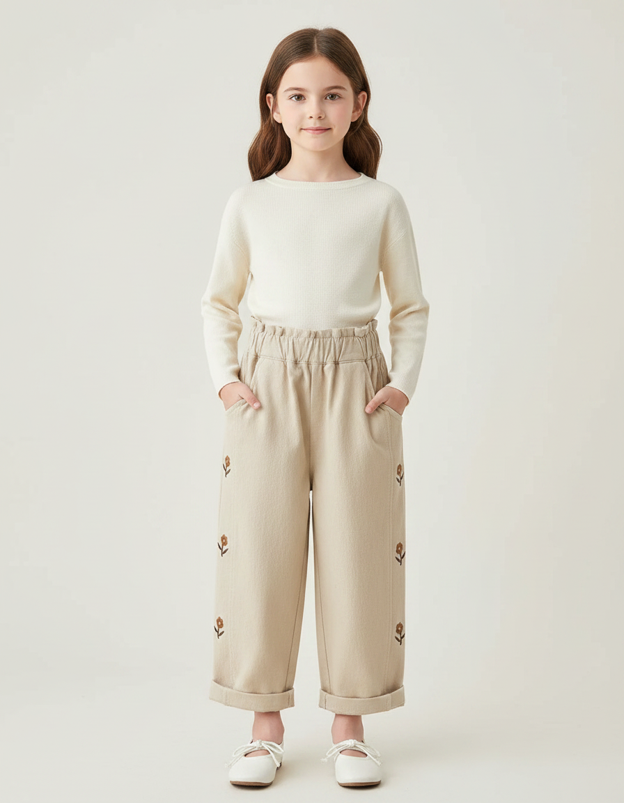 Pantalon Chinois Beige Brodé Fleurs Coton Enfant