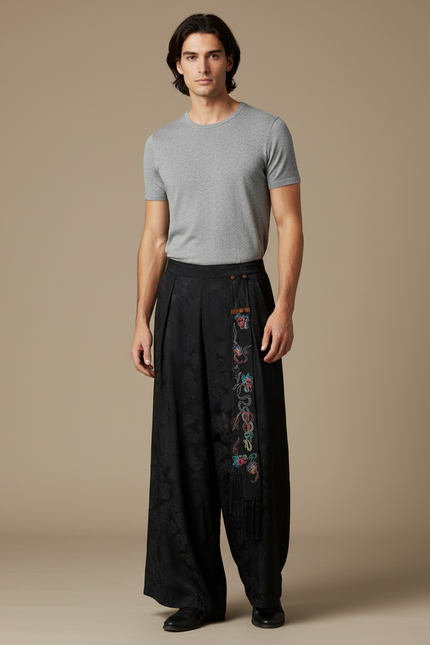 Pantalon Chinois Noir Jacquard Brodé Ample Ethnique Vintage - Soie